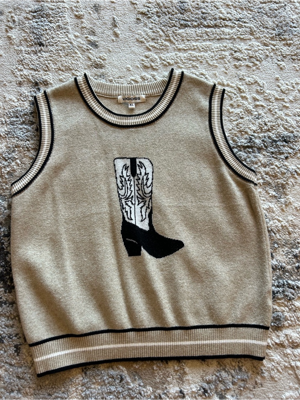 VIGOSS Tan and Black Sleeveless Knit Vest with Cowboy Boot Motif